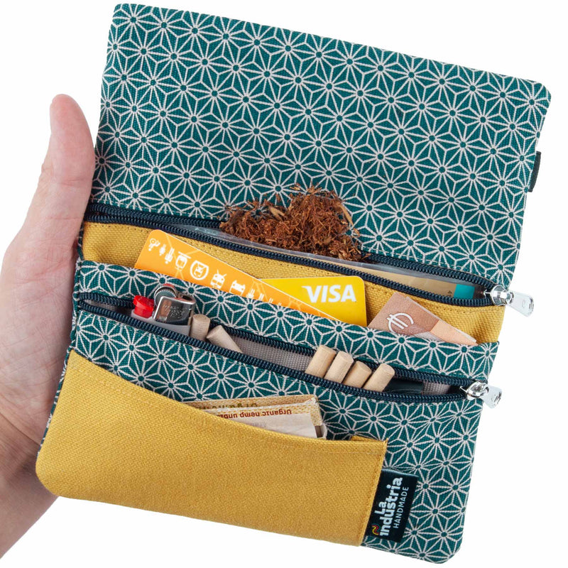Pouch with 2 zippers for Rolling Tobacco and Accessories (Cash, Cards, Airpods, Keys, ...) - Organic Cotton Japanese Design Tobacco Pouch