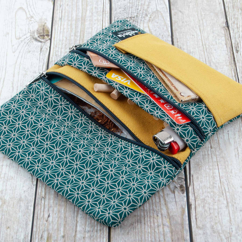 Pouch with 2 zippers for Rolling Tobacco and Accessories (Cash, Cards, Airpods, Keys, ...) - Organic Cotton Japanese Design Tobacco Pouch