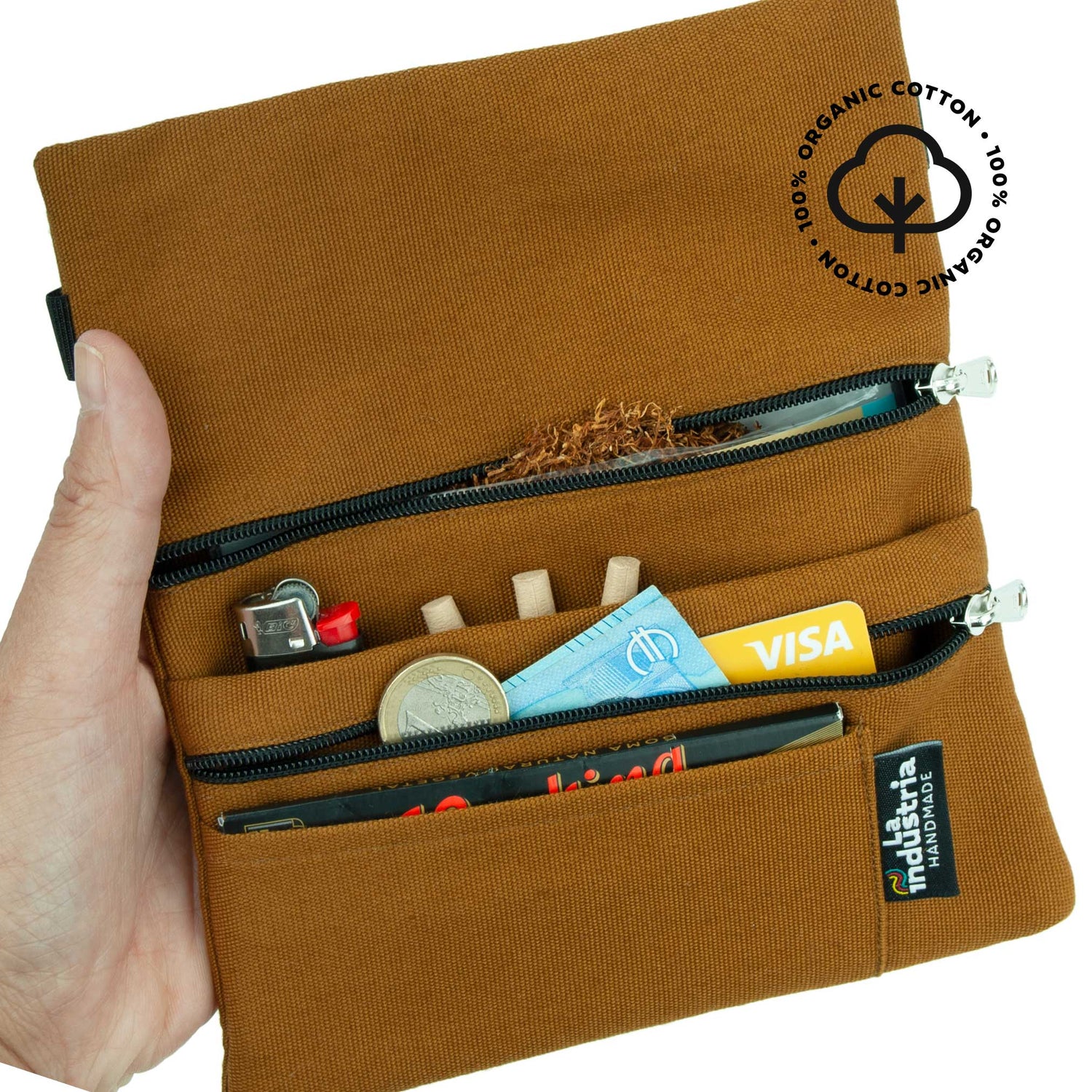 Organic cotton pouch for rolling tobacco and accessories 'Brown'