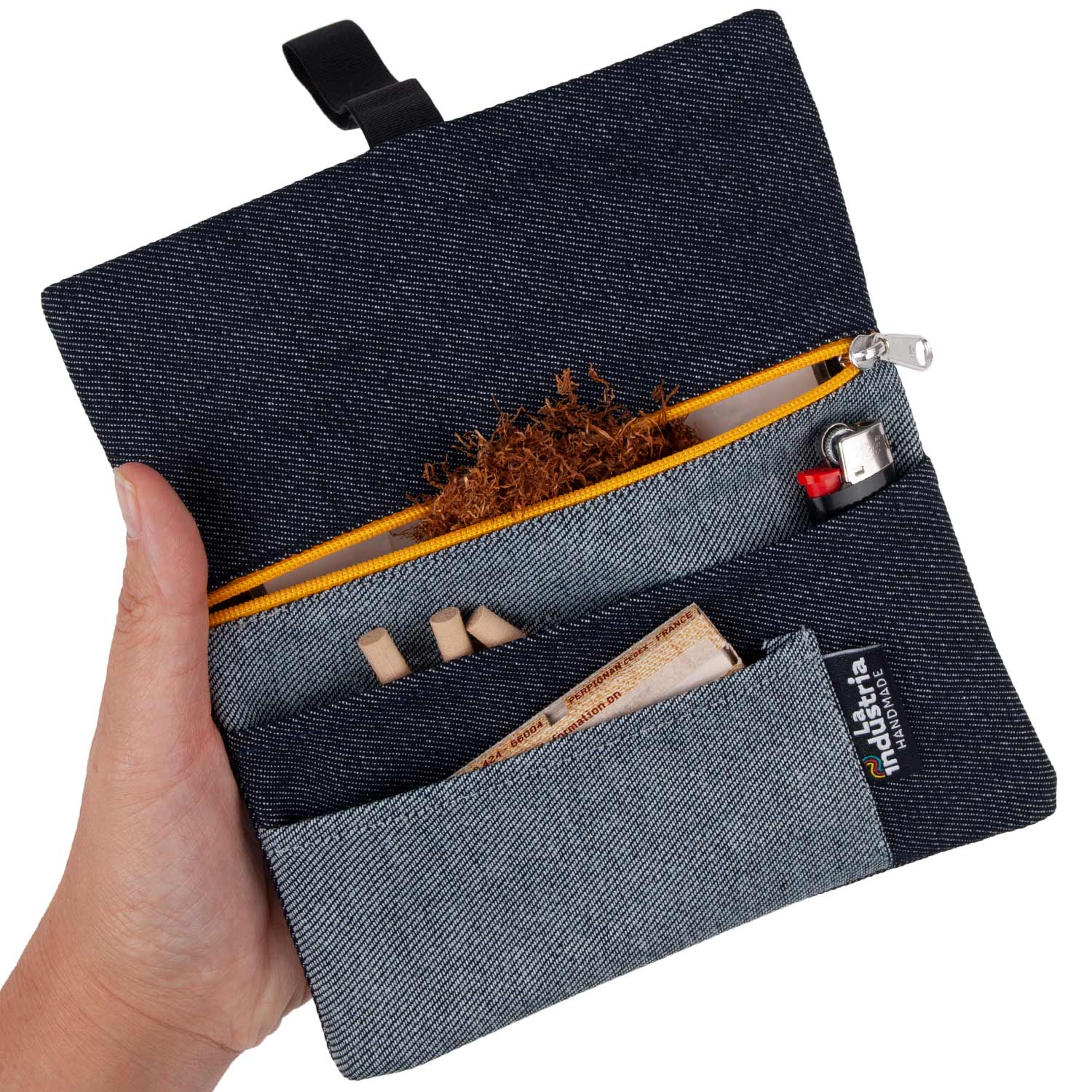 Denim pouch for rolling tobacco and accessories (Yellow Zipper)