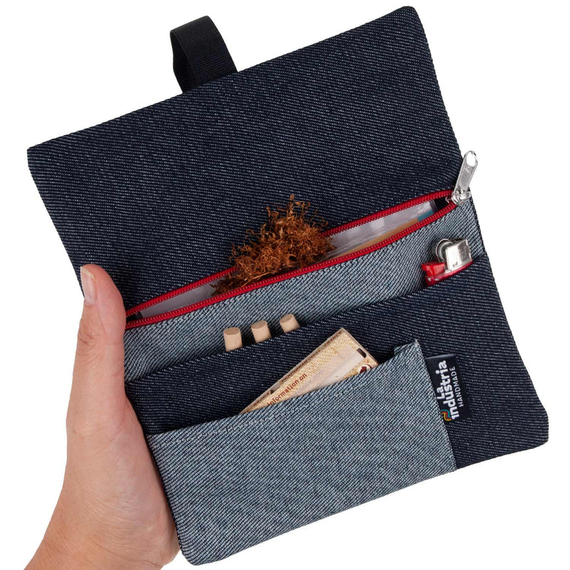 Denim pouch for rolling tobacco and accessories