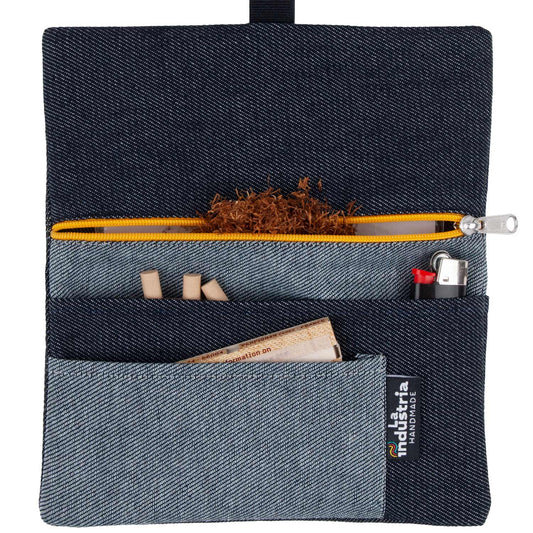 Denim pouch for rolling tobacco and accessories (Yellow Zipper)