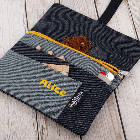 Personalised Denim Rolling Tobacco Pouch - Custom Text Jeans Pouch