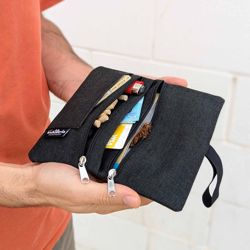 Liquid-Repellent Pouch with 2 Zipped Pockets for Rolling Tobacco and Accessories