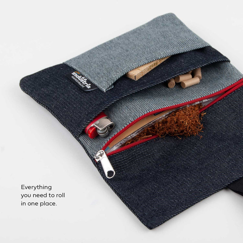 Denim pouch for rolling tobacco and accessories