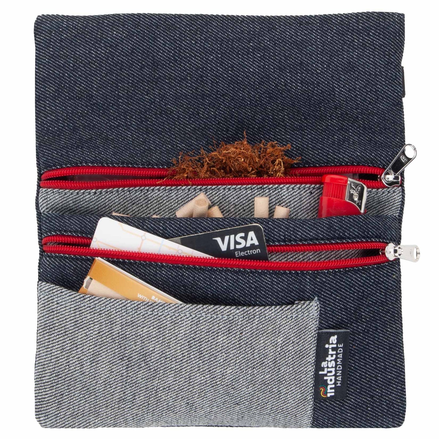 Denim Tobacco Pouch Wallet Double Zip, Rolling Tobacco Case for Papers, Filters, Lighter, Cash & Cards