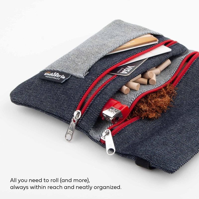tobacco pouch with filters and papers Denim Tobacco Pouch Wallet Double Zip, Rolling Tobacco Case for Papers – La  industria Handmade