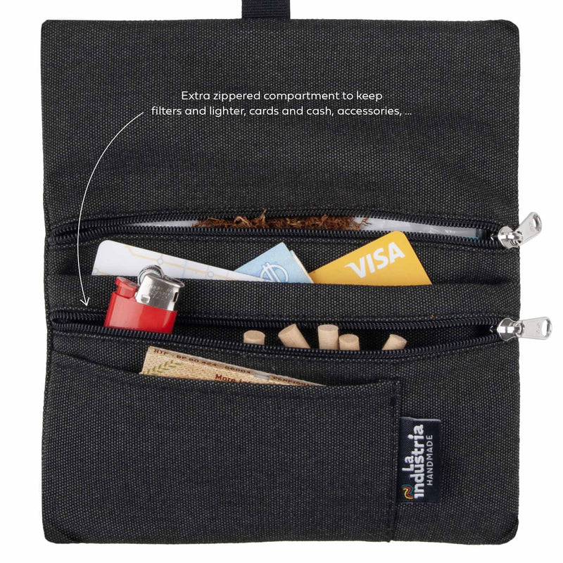 Liquid-Repellent Pouch with 2 Zipped Pockets for Rolling Tobacco and Accessories